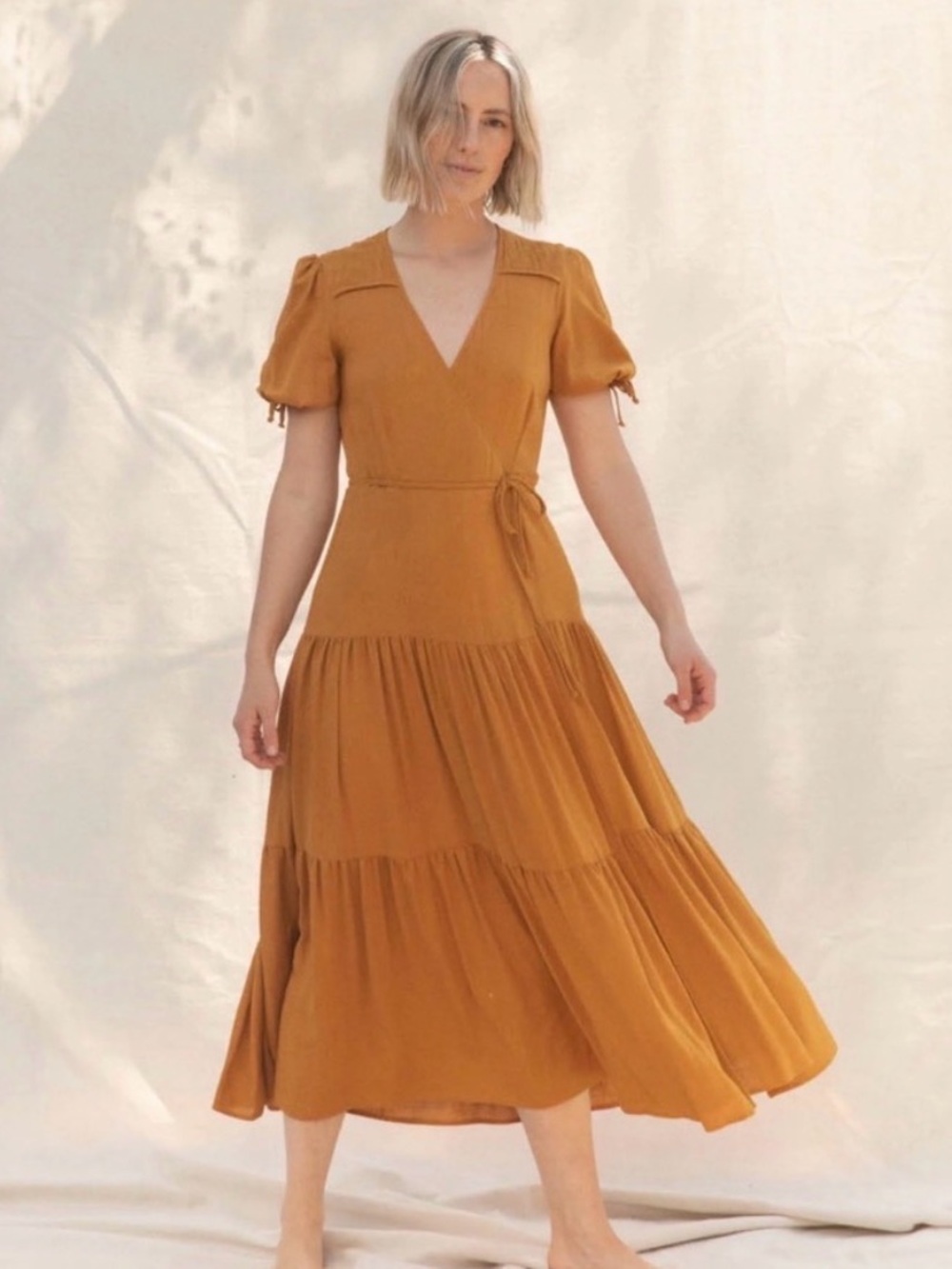 Christy Dawn Mustard Wrap Midi Dress